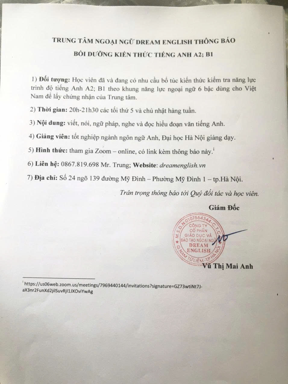 Thông báo lớp học tiếng Anh A2; B1; B2 cho học viên lấy chứng nhận